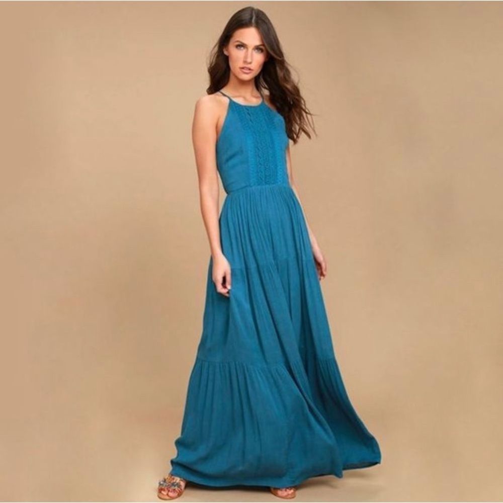Lulus for life teal blue maxi dress large embroidered crochet detail front